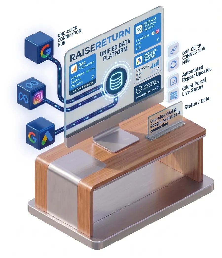 RaiseReturn integration dashboard connecting GA4, Google Ads, and Meta Ads for automated reporting
