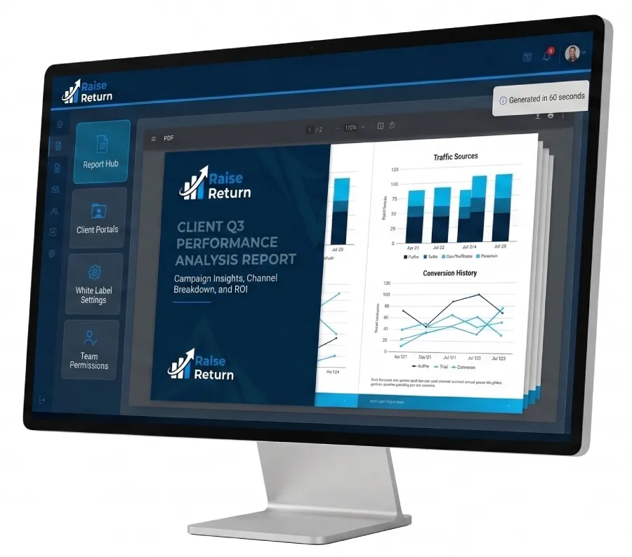 RaiseReturn integration dashboard connecting GA4, Google Ads, and Meta Ads for automated reporting