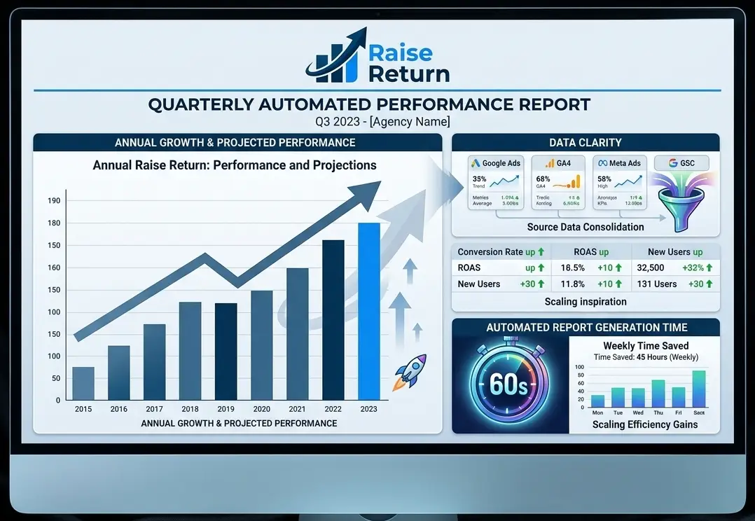 Marketing agency growth dashboard showing automated client reporting pipeline scaling from 10 to 50 clients