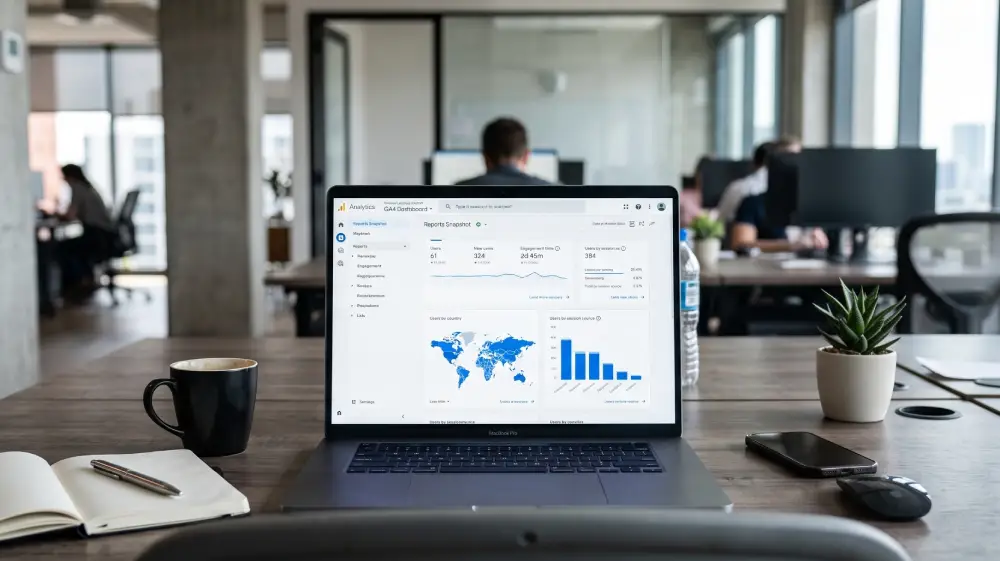 Automated Google Analytics 4 reports and marketing dashboards showing clean branded client reporting output