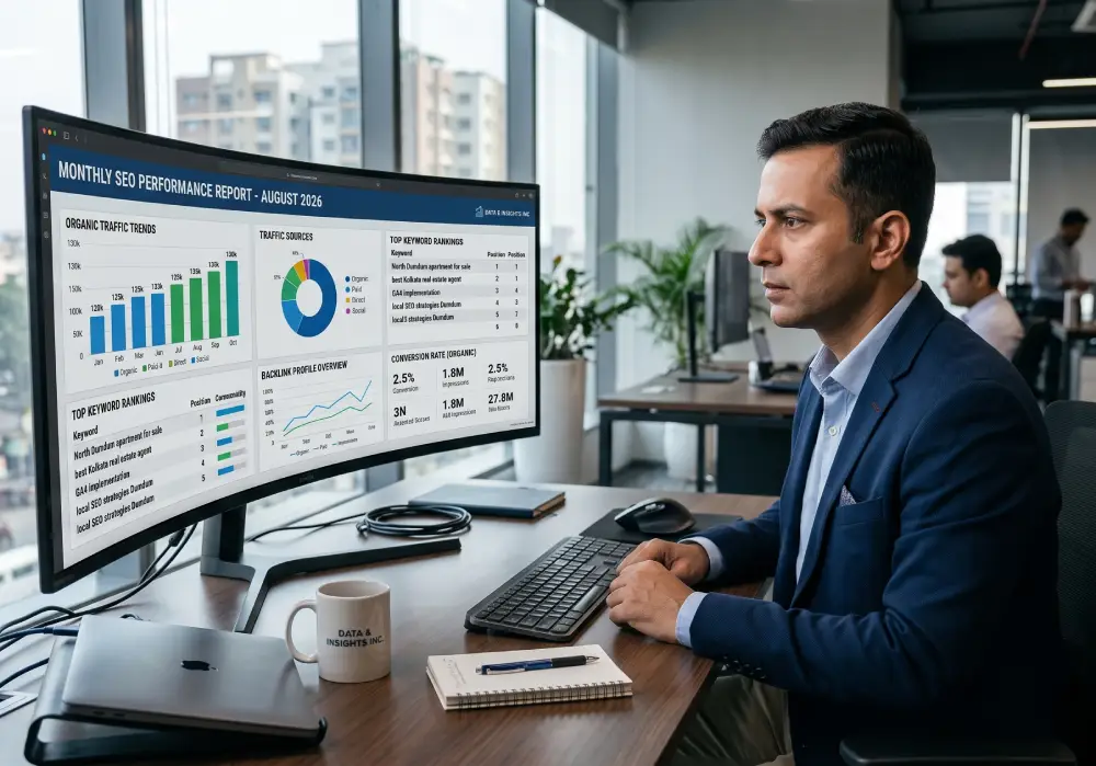 SEO report showing organic traffic keyword rankings and technical health metrics for client reporting