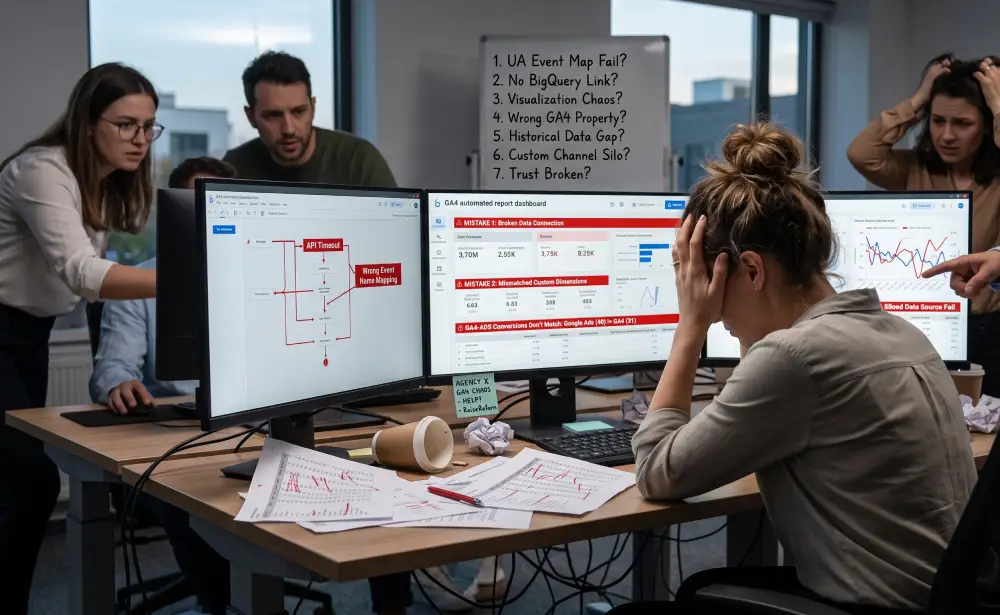 Agency reviewing GA4 automated reports and automated client reporting setup avoiding common mistakes
