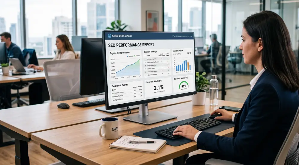 SEO report showing organic traffic keyword rankings and business outcomes for a genuine client diagnostic
